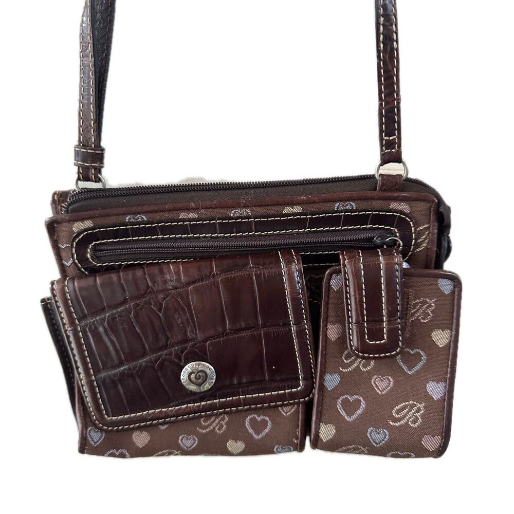 Brighton Croc Embossed Leather Heart Print Organizer Crossbody Wallet Purse Bag
